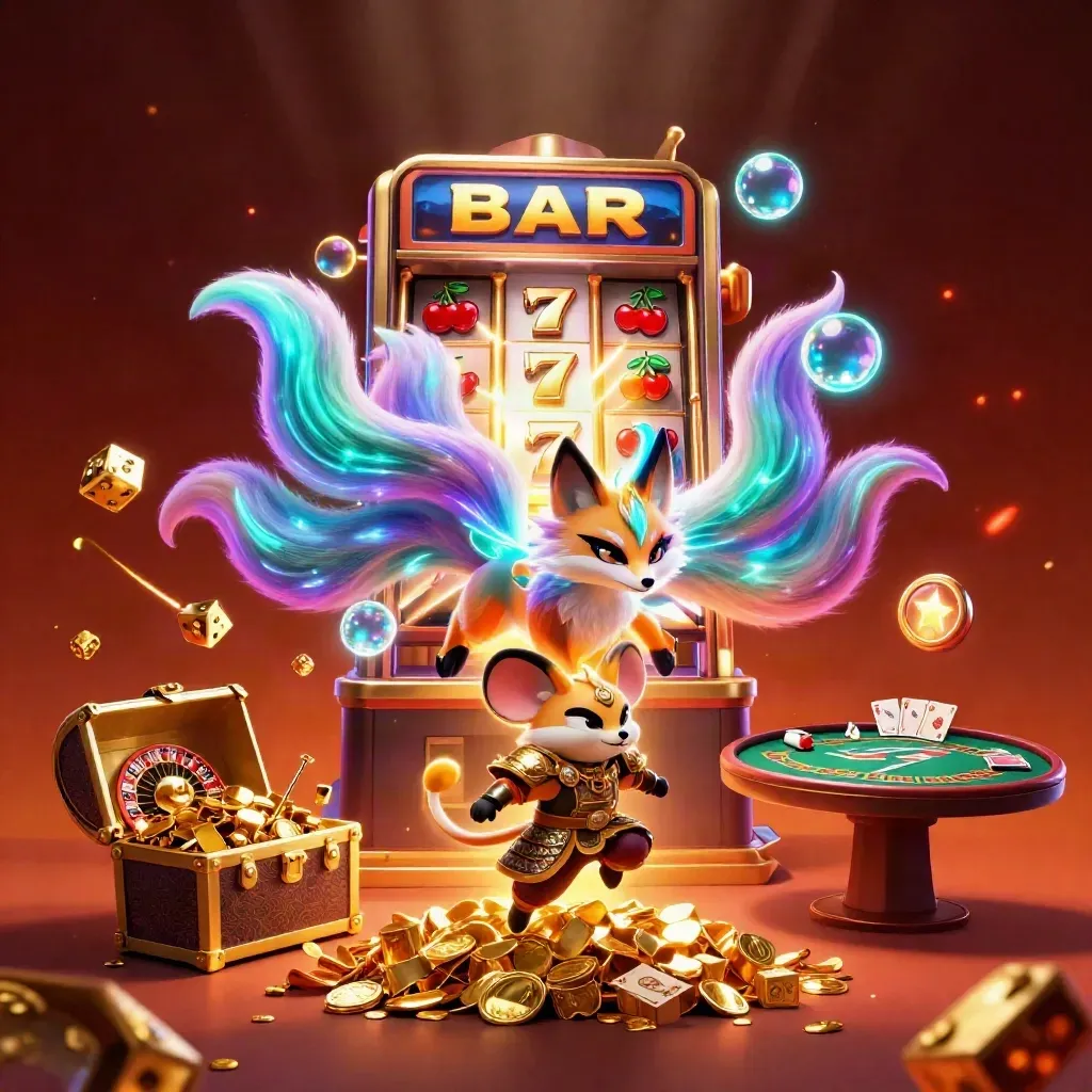Nine-tailed fox spirit and golden mouse amid casino treasure bursts in neon dark fantasy.