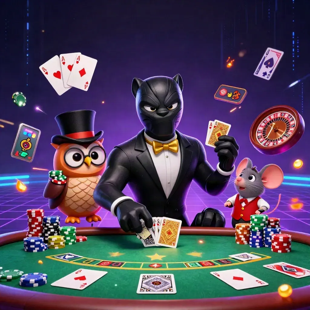 Panther, owl, and mouse amid chips, cards, neon energy, and a roulette wheel in a dark casino scene.