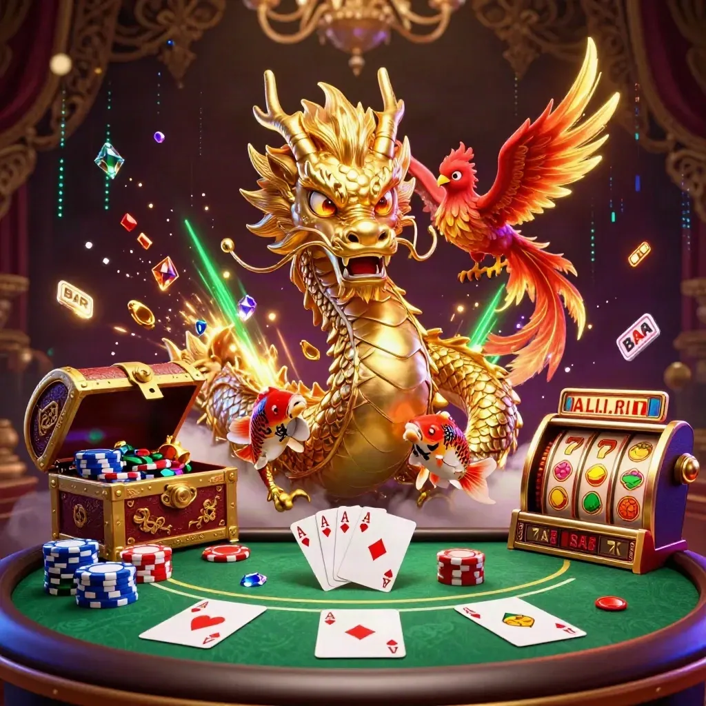 Golden dragon, phoenix, koi, treasure, poker chips, and casino effects in a luxe neon burst.