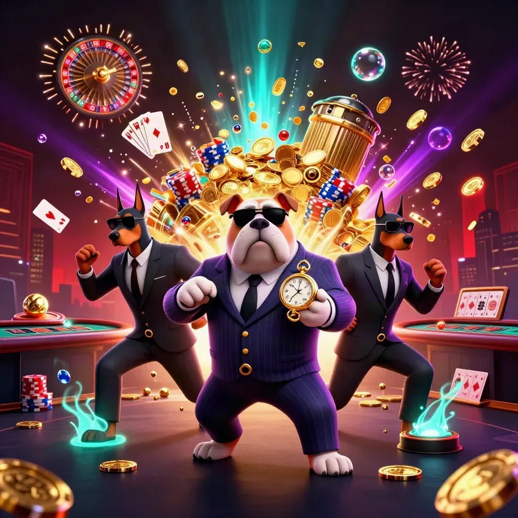Bulldog boss and Doberman bodyguards amid coins, cards, chips, roulette wheel and neon casino glow.