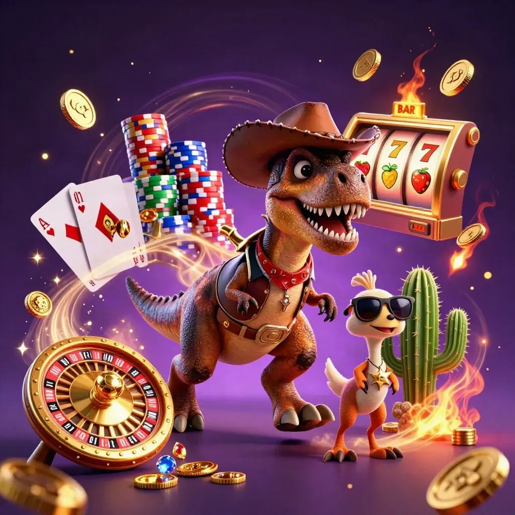 Cowboy T-Rex trio with casino effects, coins, roulette wheel, chips, and glowing slot reels